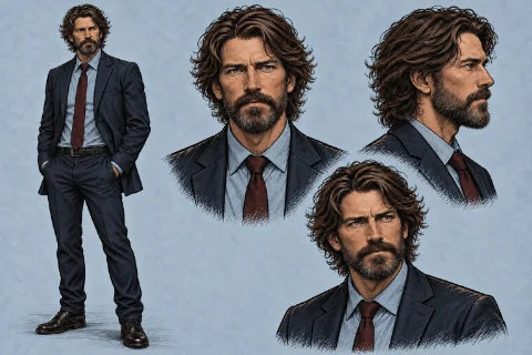 Character sheet for Abram: a man with wavy brown hair and a beard, in a navy suit, pale blue shirt and dark red tie, shown full length and in three head studies.