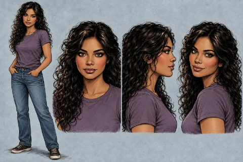 Character sheet for Aimee: a young woman with long, dark curly hair, in a purple T-shirt, jeans and canvas sneakers, shown full length and in three head studies.