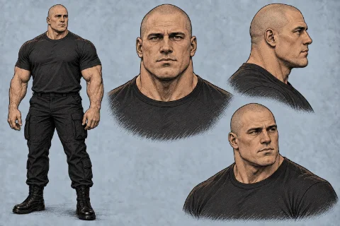 Character sheet for Chambers: a heavily muscled man with a shaved head, in a black T-shirt, black cargo trousers and combat boots, shown full length and in three head studies.