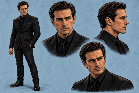 Character sheet for Corbin: a clean-shaven man with dark, swept-back hair, in a black suit, shirt and tie, shown full length and in three head studies.