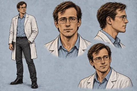 Character sheet for Denton: a man with tousled brown hair and wire-rimmed glasses, in a white lab coat over a blue shirt, holding a notebook, shown full length and in three head studies.