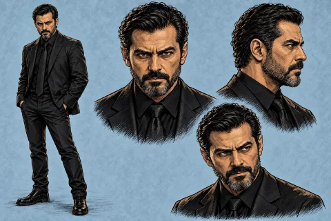 Character sheet for Hector: a man with slicked-back black hair and a greying beard, in a black suit, shirt and tie, shown full length and in three head studies.
