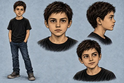 Character sheet for Henry: a boy with tousled brown hair, in a black T-shirt, jeans and worn canvas sneakers, shown full length and in three head studies.