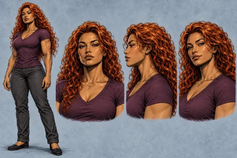Character sheet for Jennifer: a woman with long, curly copper-red hair, in a plum V-neck T-shirt, grey trousers and flats, shown full length and in three head studies.