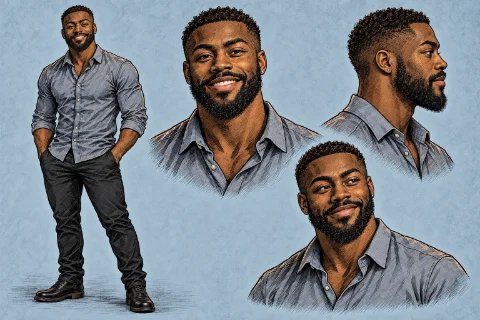 Character sheet for Kyle: a broad, smiling man with a close-cropped beard, in a grey shirt with rolled sleeves and dark trousers, shown full length and in three head studies.
