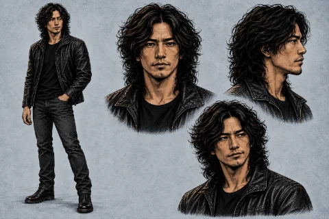 Character sheet for Leland: a man with long, curly black hair and a goatee, in a black leather jacket, black T-shirt, jeans and boots, shown full length and in three head studies.