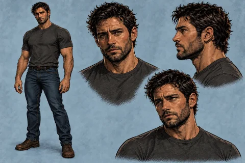 Character sheet for Mark: a broad-shouldered man with short, tousled dark hair and stubble, in a charcoal T-shirt, jeans and work boots, shown full length and in three head studies.
