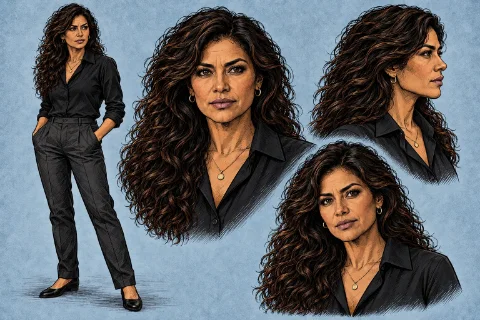 Character sheet for Mary: a woman with long, dark curly hair and gold hoop earrings, in a black blouse and pleated black trousers, shown full length and in three head studies.
