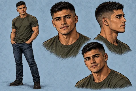Character sheet for Miguel: a young man with a short faded haircut, in an olive T-shirt, jeans and boots, shown full length and in three head studies.