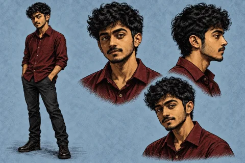 Character sheet for Prabir: a young man with thick, curly black hair and a light beard, in a maroon shirt with rolled sleeves and black jeans, shown full length and in three head studies.