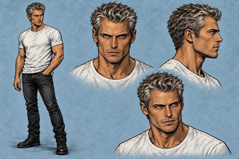 Character sheet for Tim: a lean man with swept-up grey hair and pale green eyes, in a white T-shirt, black jeans and boots, shown full length and in three head studies.